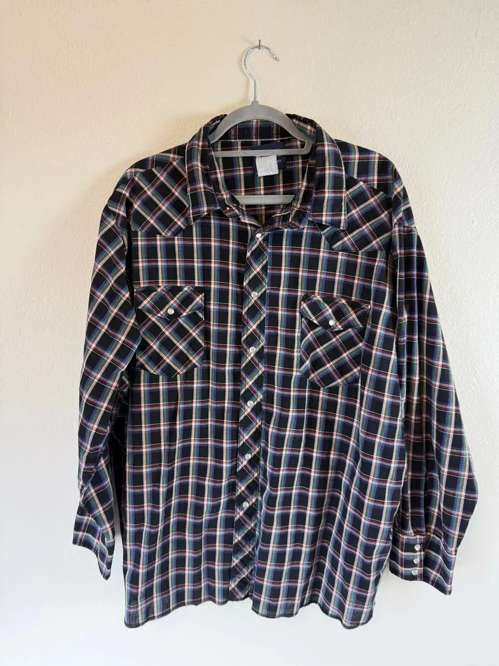 VTG Wrangler Pearl Snap Black Plaid MicroGrid Lightweight Purple Green Mens 3XL